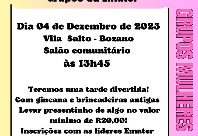 Encontro de mulheres da Emater acontece na próxima segunda-feira, 04