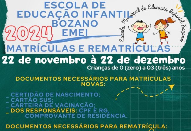 Prazo para matrículas e rematrículas na EMEI Bozano encerra nesta sexta-feira, 22