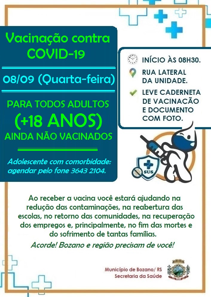 Vacinação contra a Covid-19 para maiores de 18 anos terá sequência dia 8